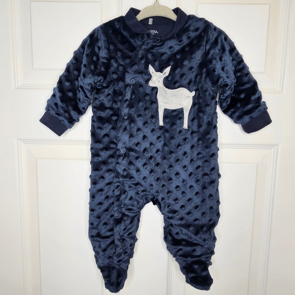Kyle & Deena Fleece Footie Pajamas Navy Blue White Baby Deer Graphic Size 0-3M